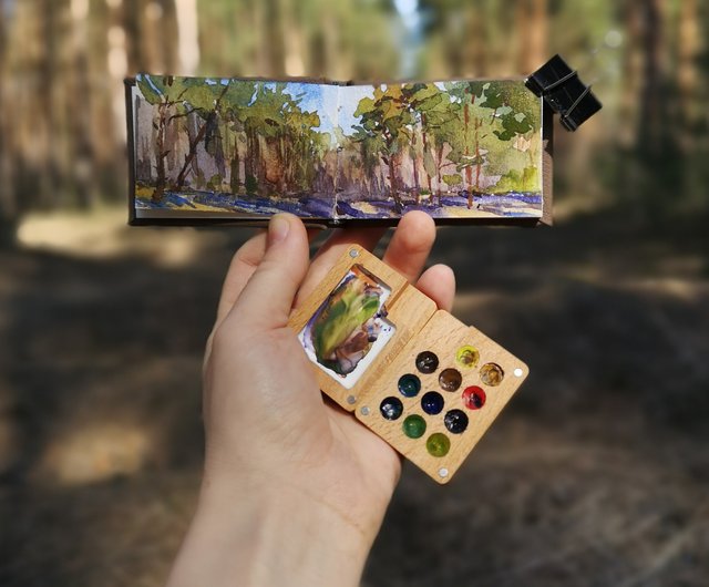 Mini wooden watercolor palette (8 cells) WITH yellow tiny watercolor  sketchbook - Shop GO DRAW Wood, Bamboo & Paper - Pinkoi