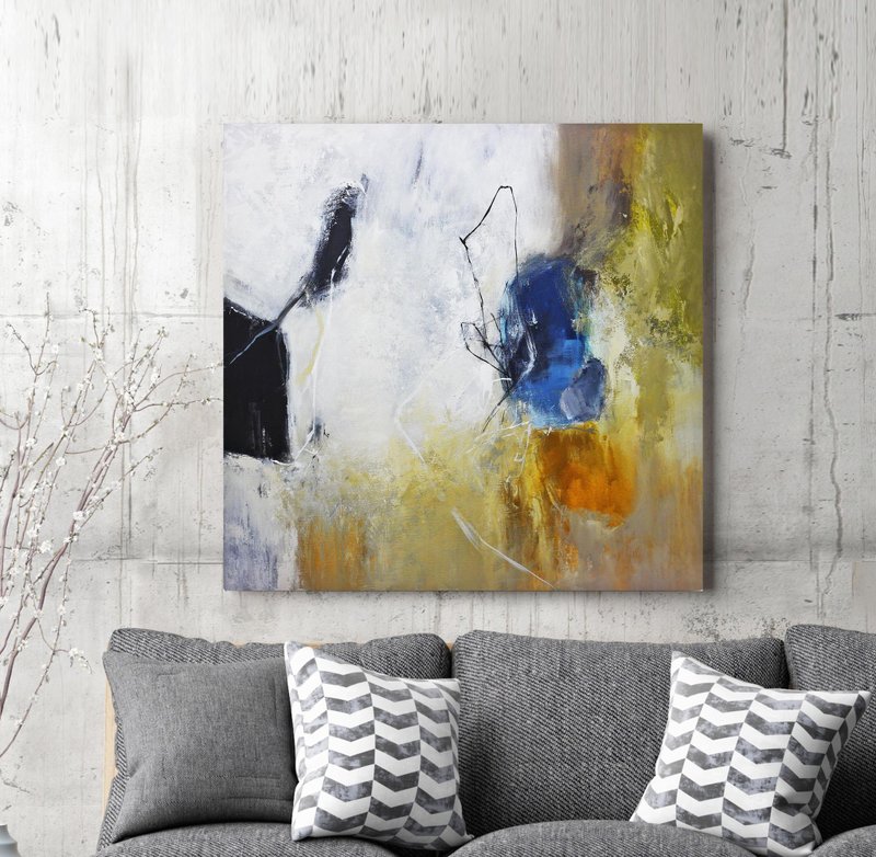 Blue Green Brown Canvas | Abstract Painting Blue Brown White | Flight of Thought - 壁貼/牆壁裝飾 - 棉．麻 藍色