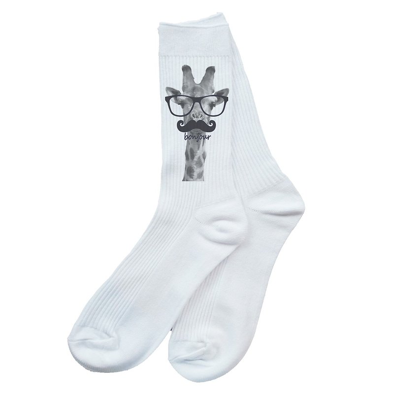 Giraffe-bonjour襪-白色 長頸鹿文青動物三角形眼鏡 - 襪子 - 棉．麻 白色