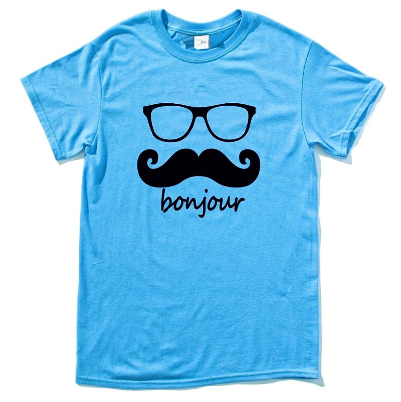 bonjour 男女短袖T恤 藍色 法國 鬍子 鬍鬚 復古 眼鏡 文青 原創 - T 恤 - 棉．麻 藍色