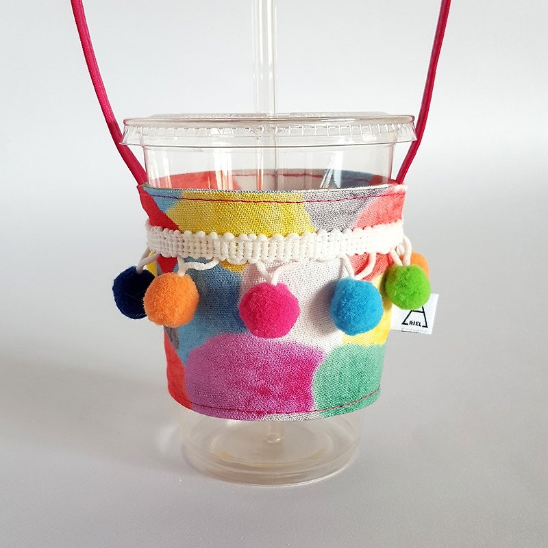 Pomace ball hair ball tassel drink cup bag / colorful red - ถุงใส่กระติกนำ้ - ผ้าฝ้าย/ผ้าลินิน สีแดง