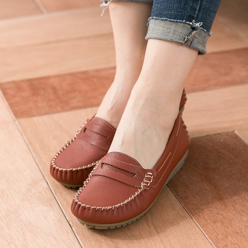 Maffeo Peas shoes flat shoes washed leather spring and summer pilgrims must be soft to upgrade Peas shoes (517 retro brick red) - รองเท้าบัลเลต์ - หนังแท้ สีแดง