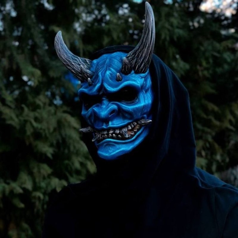 Blue Horror Oni Mask, Oni Demon Mask, Japanese Demon Oni Cosplay, Devil Mask - 口罩/口罩收納套 - 樹脂 藍色
