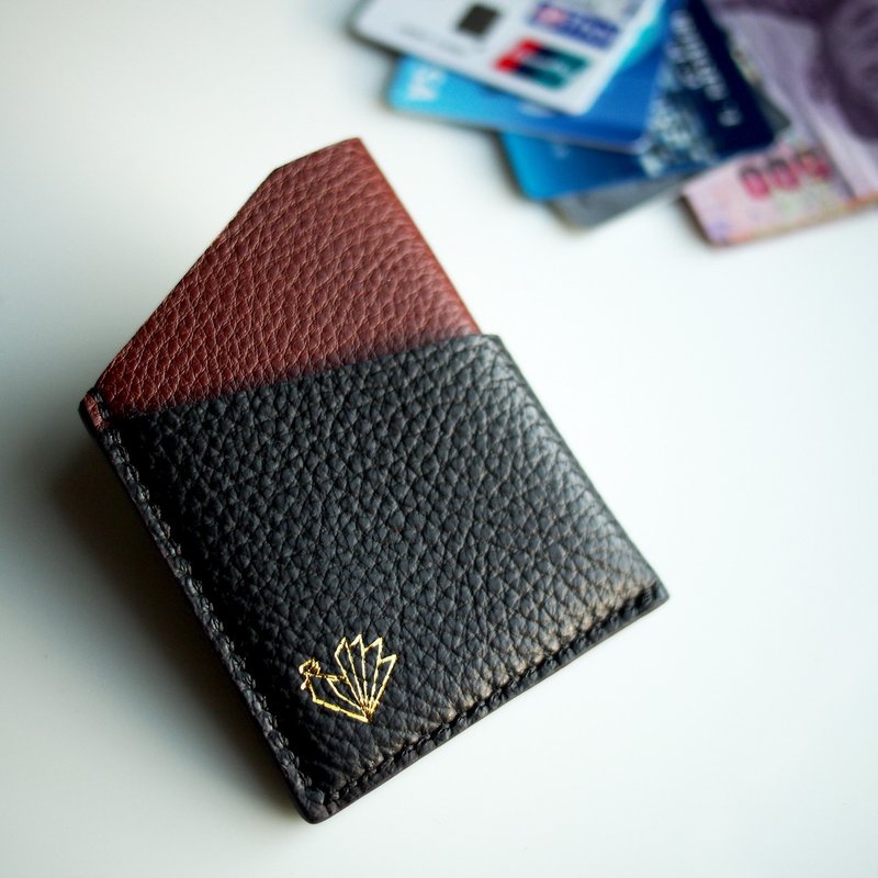 Handmade mini wallet two tone leather (black, brown) / card pouch / card holder - 長短皮夾/錢包 - 真皮 黑色