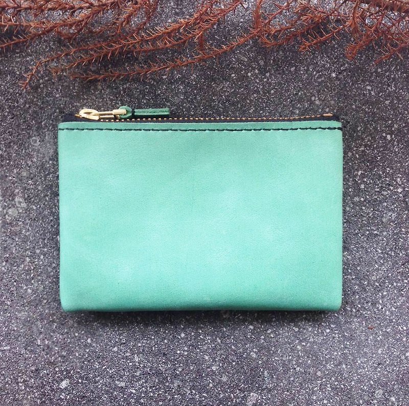 Classic mezzanine zipper purse pink green coin purse - Coin Purses - Genuine Leather Green