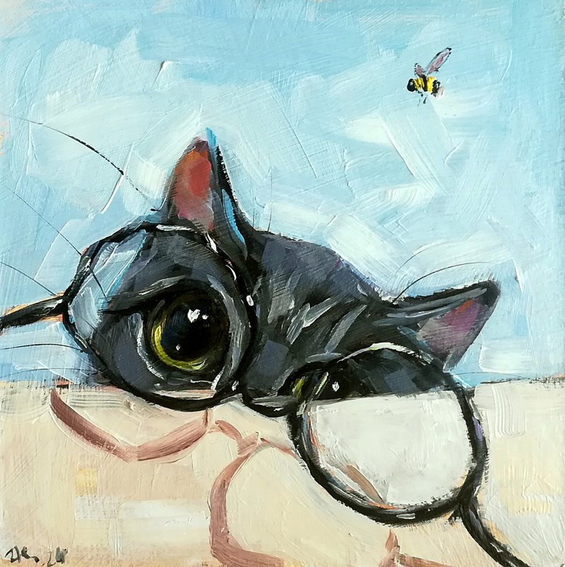 Tabby Grey Cat Funny Animals Pet Portrait Original Oil Painting MADE TO ORDER - 海報/掛畫/掛布 - 其他材質 多色