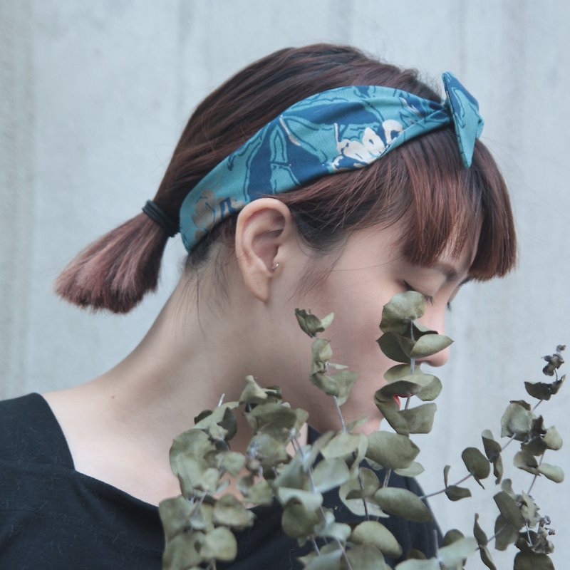 Midsummer hot Silver handmade elastic tie headband - เครื่องประดับผม - ผ้าฝ้าย/ผ้าลินิน สีน้ำเงิน