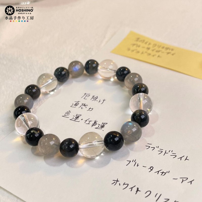 Blue tiger eye white crystal labradorite natural mineral energy handmade gift made in Japan crystal bracelet - สร้อยข้อมือ - คริสตัล สีน้ำเงิน