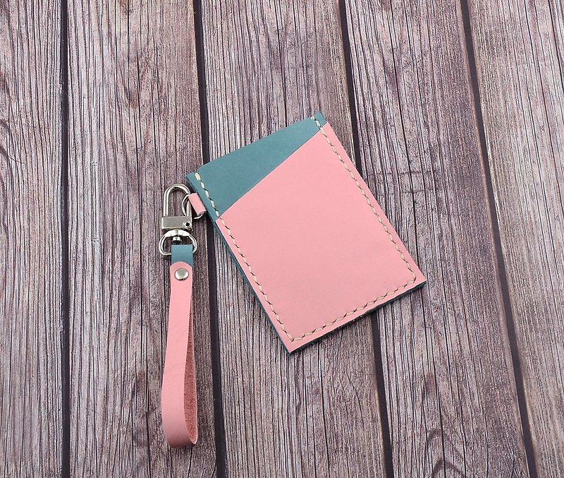 U6.JP6 Handmade Leather Goods-Hand-stitched Macaron Pink Credit Card Holder/Travel Card Holder - ที่ใส่บัตรคล้องคอ - หนังแท้ สึชมพู
