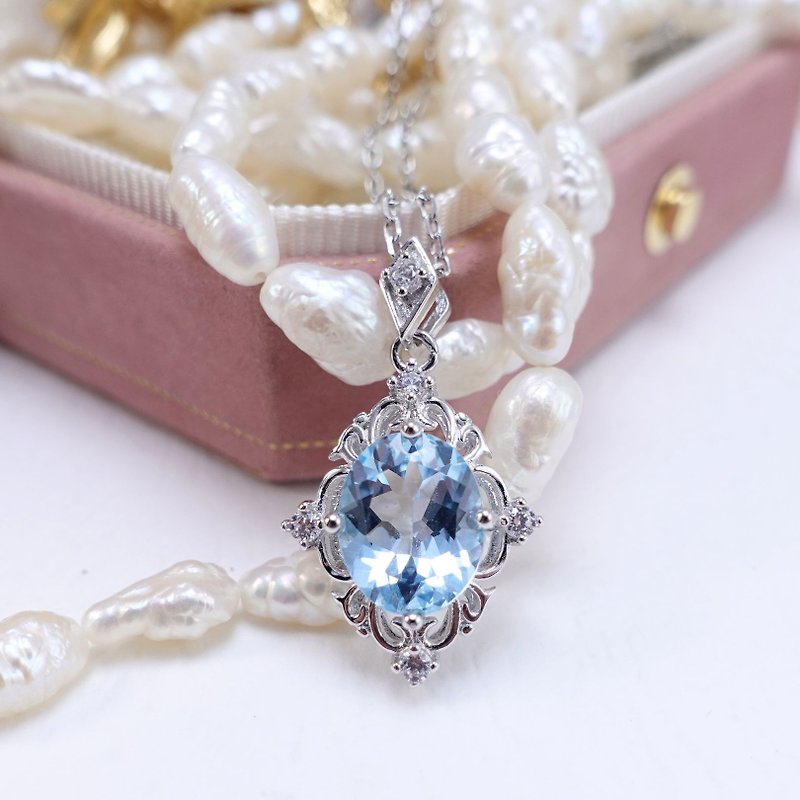 3.5克拉 天然托帕石 湛藍光澤 蕾絲設計 純銀項鍊 禮物 快速出貨 - 項鍊 - 純銀 藍色
