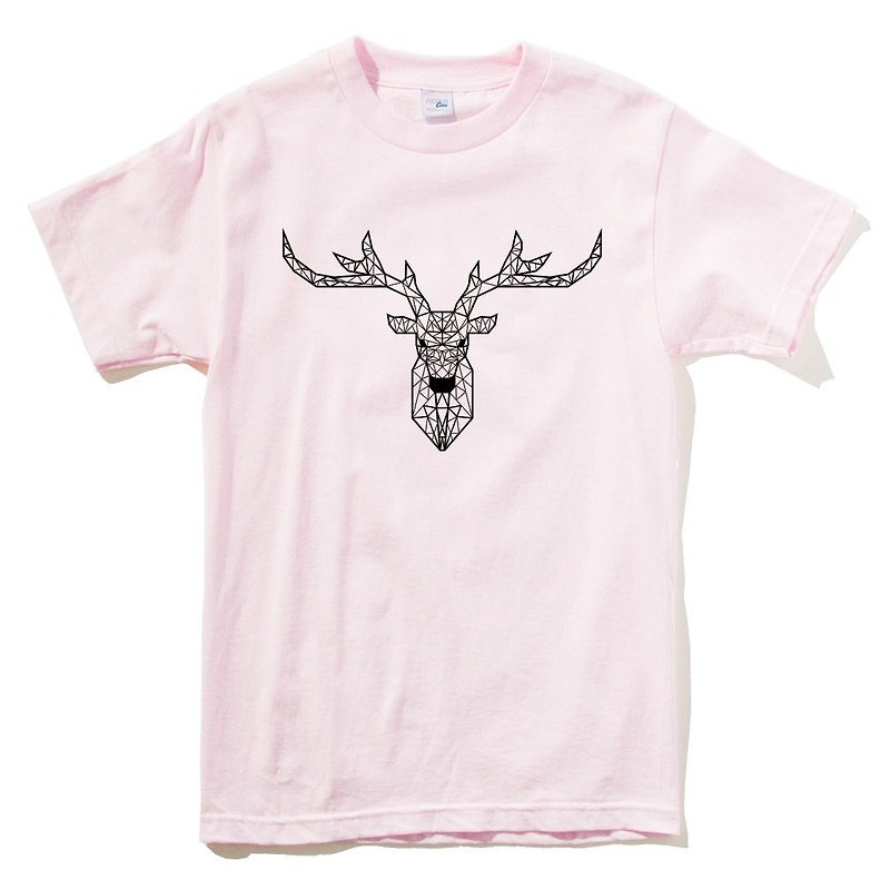 Deer Geometric Short Sleeve T-shirt Light Pink Geometric Deer Universe Design Homemade Brand Milky Way Trendy Round Triangle - เสื้อยืดผู้หญิง - ผ้าฝ้าย/ผ้าลินิน สึชมพู