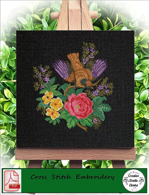 CreativeStudioElenka Vintage Cross Stitch Scheme Purple bird 2 - PDF Embroidery Scheme