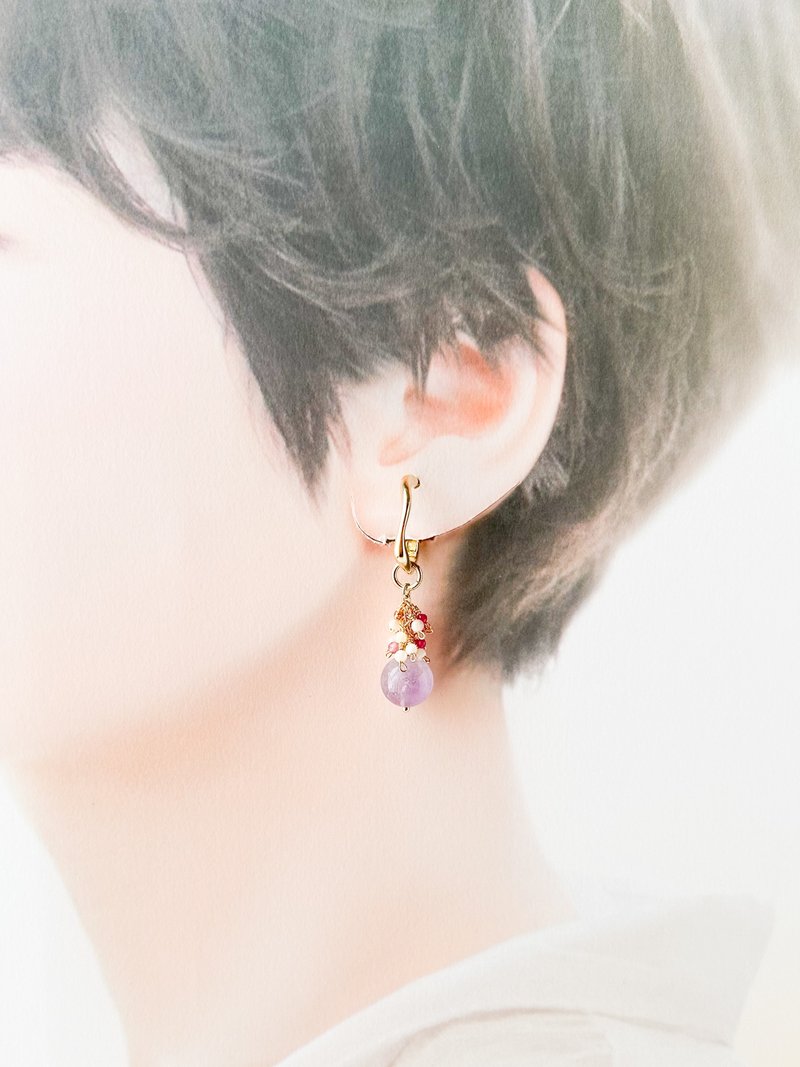 Made in Japan Colorful Acorn Earrings with Natural Stones Lavender Amethyst Synthetic Ruby Pink Tourmaline - ต่างหู - หิน สีม่วง