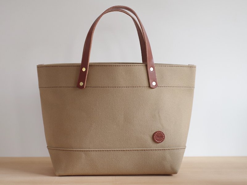 Nume Leather Handle Canvas Tote Back - Handbags & Totes - Cotton & Hemp Khaki
