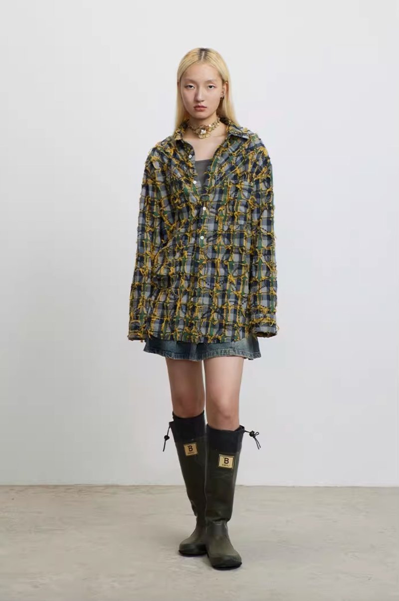 Patched Plaid Shirt 雙面穿流蘇拼接格子襯衫 - 女襯衫 - 其他材質 黃色