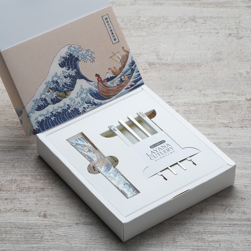 【M.Cat Meow The Cat in The Great Wave off Kanagawa】Zero-Contact Portable Chopsticks - ตะเกียบ - สแตนเลส สีน้ำเงิน
