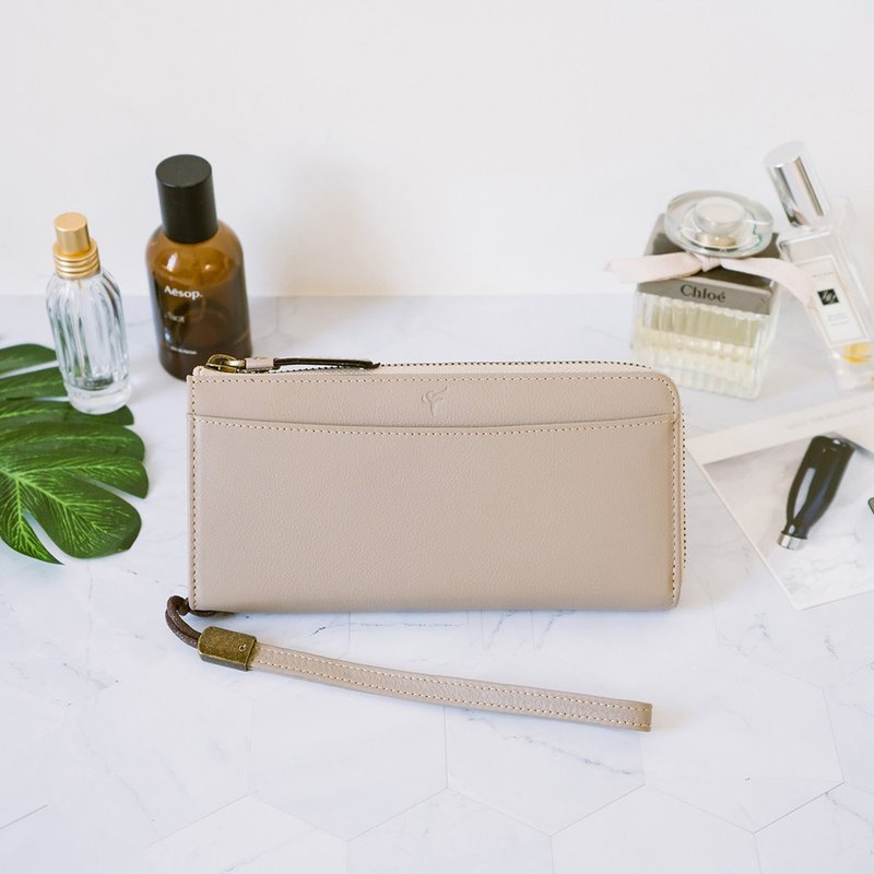 【禮盒】真皮拉鏈手拿長夾 X65039 杏 - 錢包/皮夾/長短夾 - 真皮 卡其色
