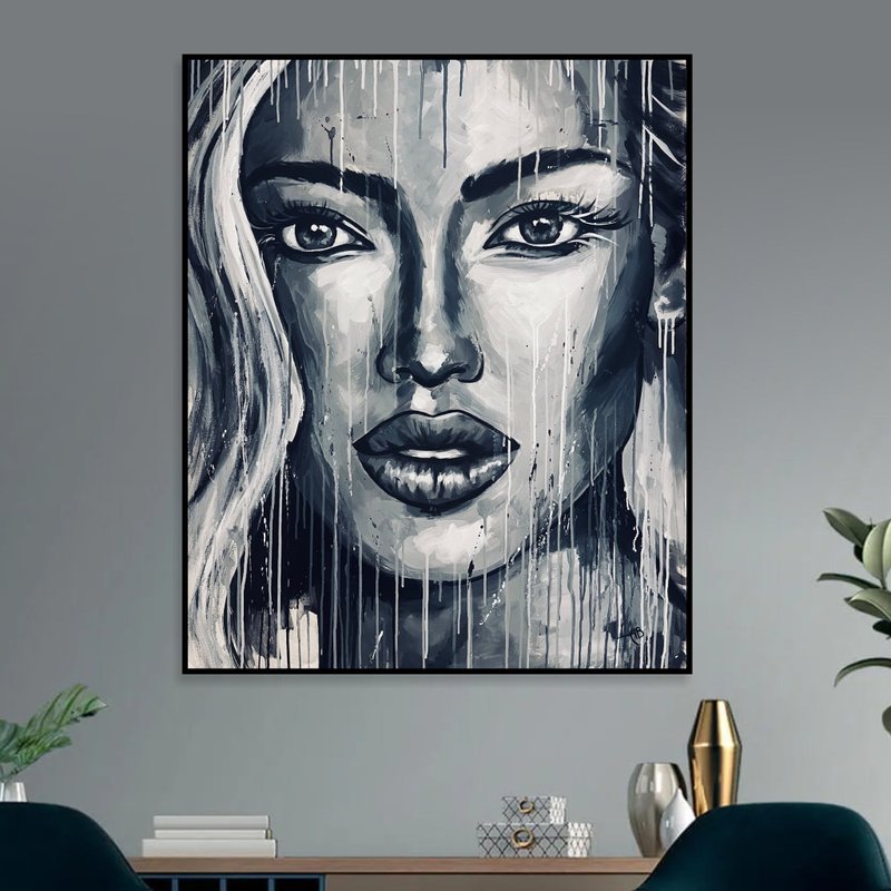 Black and White Woman Portrait Original Paintings On Canvas Contemporary Drip - ตกแต่งผนัง - อะคริลิค สีเทา