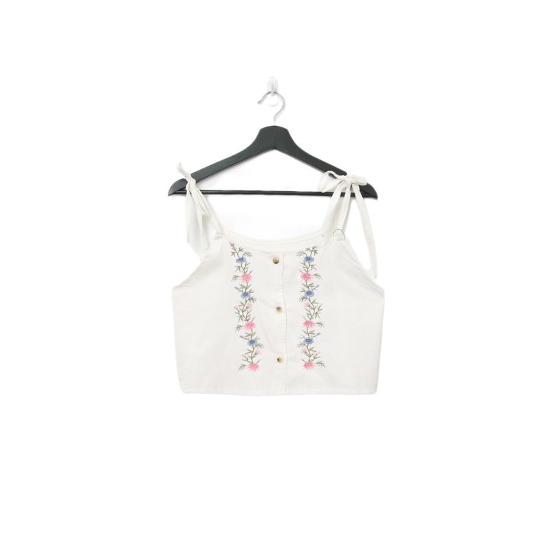 Back to Green-再製綁帶刺繡 粉藍花朵 交錯 sv-36/ vintage vest - 背心/無袖上衣 - 棉．麻 