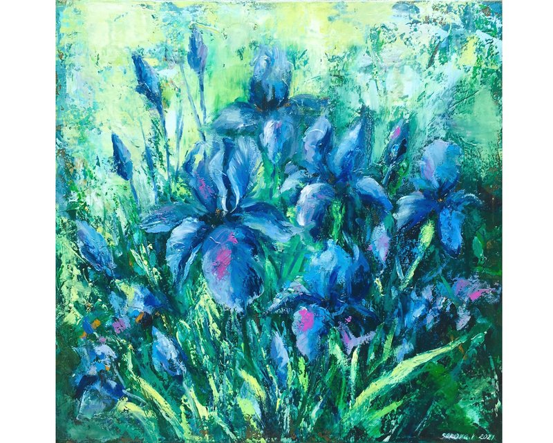 Expressionist Oil Painting of Irises by Valeriya Serova - ตกแต่งผนัง - วัสดุอื่นๆ สีน้ำเงิน