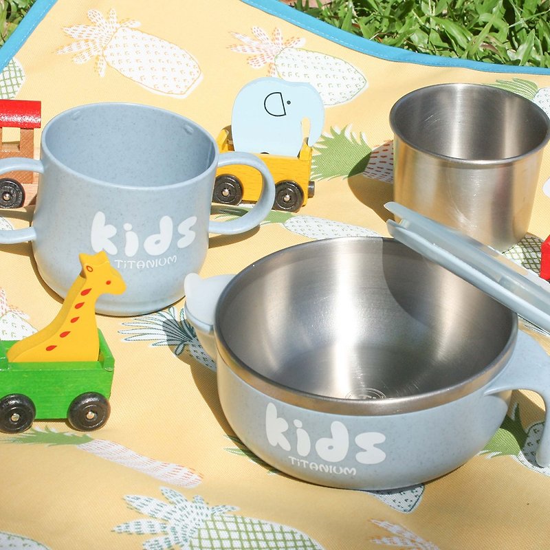 純鈦兒童學習杯注水碗兩件組(雙層 雙耳杯+注水碗)-石灰藍 - 便當盒/食物袋 - 其他材質 藍色
