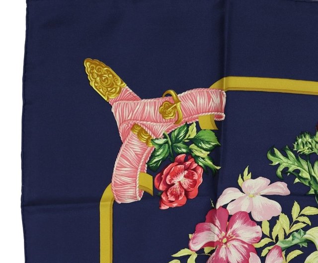 HERMES ネイビー 花柄 スカーフ エルメス カレ 90 女王陛下 ネイビー