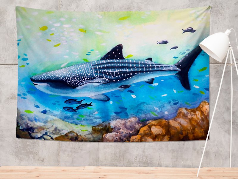 Tofu shark little spot whale shark whale shark watercolor hanging cloth/cloth curtain - ตกแต่งผนัง - ไฟเบอร์อื่นๆ 