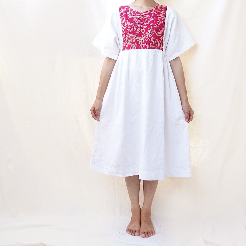 BajuTua / vintage / big red flower with white patchwork thick cotton dress - One Piece Dresses - Cotton & Hemp White