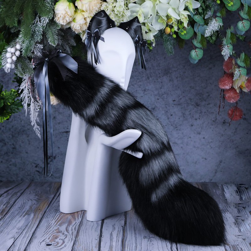 Moon Kitten Ears and Tail Set Faux Fur Ears and Tail Set - 髮夾/髮圈 - 其他人造纖維 灰色