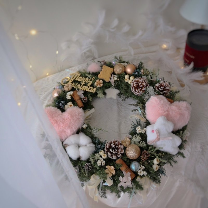 Cute Bear Cedar Christmas Wreath Love Dream Rabbit Decoration Everlasting Christmas Wreath Christmas Gift - ช่อดอกไม้แห้ง - พืช/ดอกไม้ สึชมพู