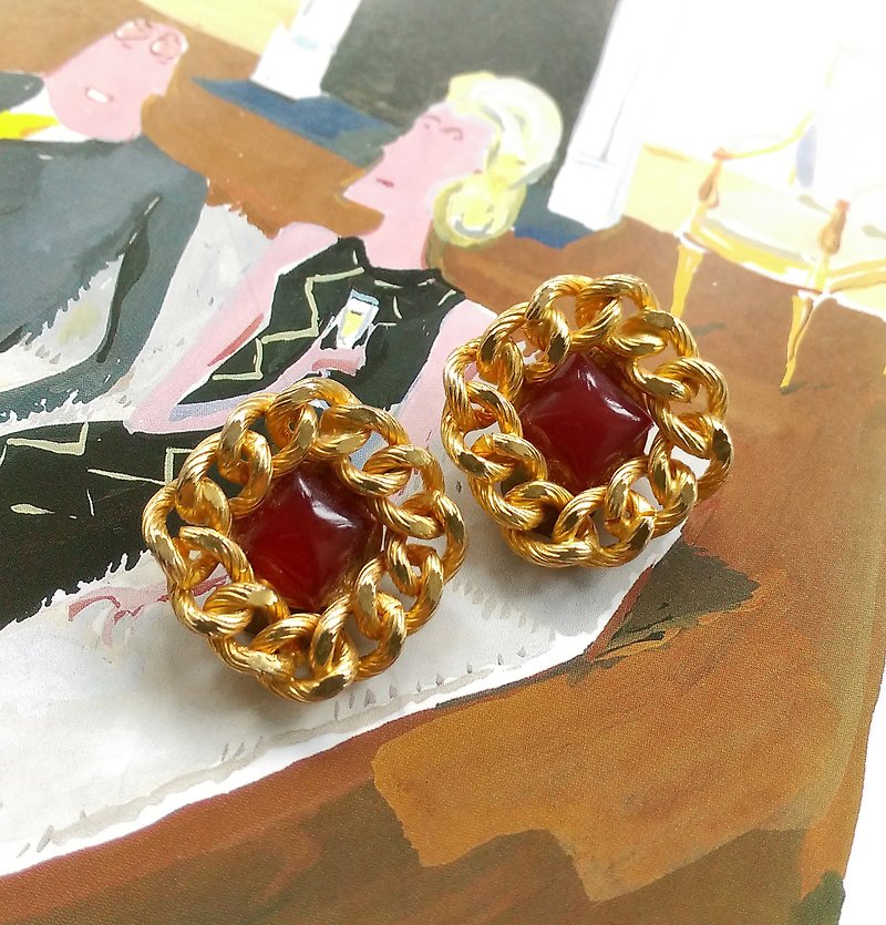 Rope box candy heart clip-on earrings. Western antique jewelry - ต่างหู - โลหะ สีทอง