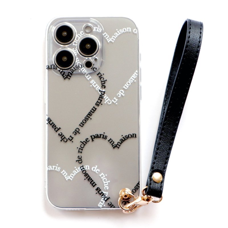 iPhone16/15/14/13/12 French love transparent phone case (with black wrist strap) - Phone Cases - Plastic Transparent