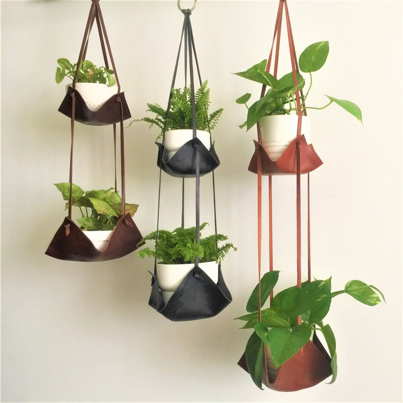 Leather Plant Hammock // Double Indoor Hanging Plant Hanger // Planter Decor - Plants - Genuine Leather 