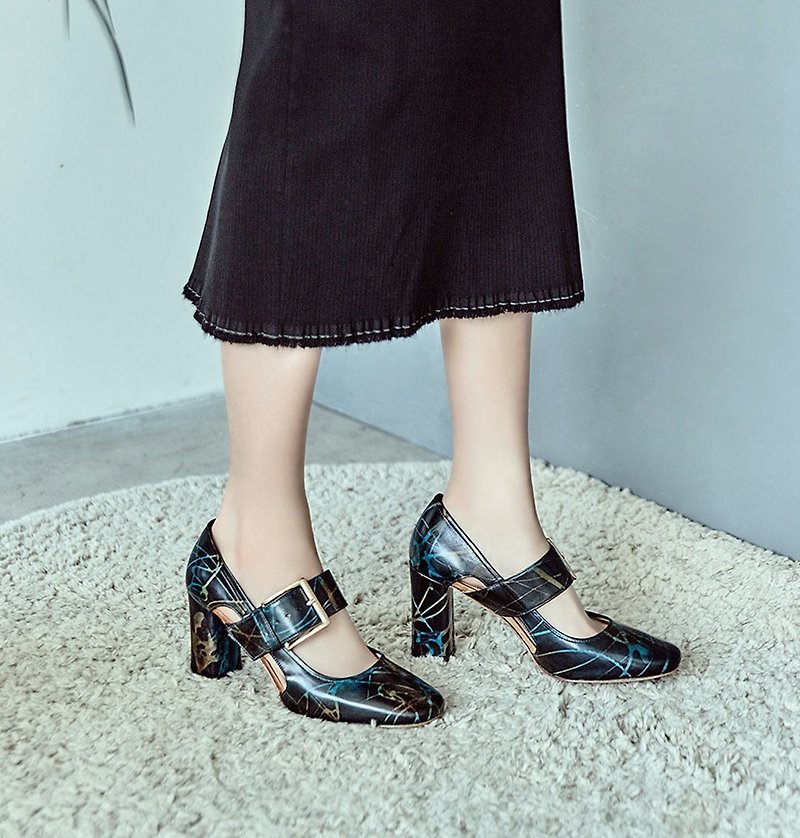 HTHREE 8.5 Mary Jane high heels / special / marble / 8.5 Mary Jane Pumps - รองเท้าส้นสูง - หนังแท้ สีดำ