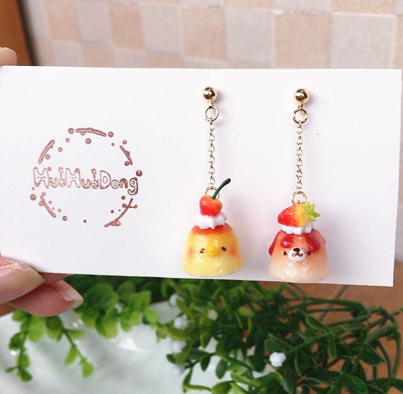 Original hand-made simulation Japanese cute pudding dessert Silver earrings ear clips - Earrings & Clip-ons - Other Materials 