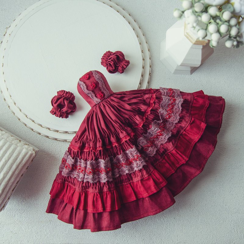 Ballgown Style Blythe Dress Set Handmade Cherry Cotton doll 12 inch BJD - 公仔/玩偶 - 棉．麻 紅色