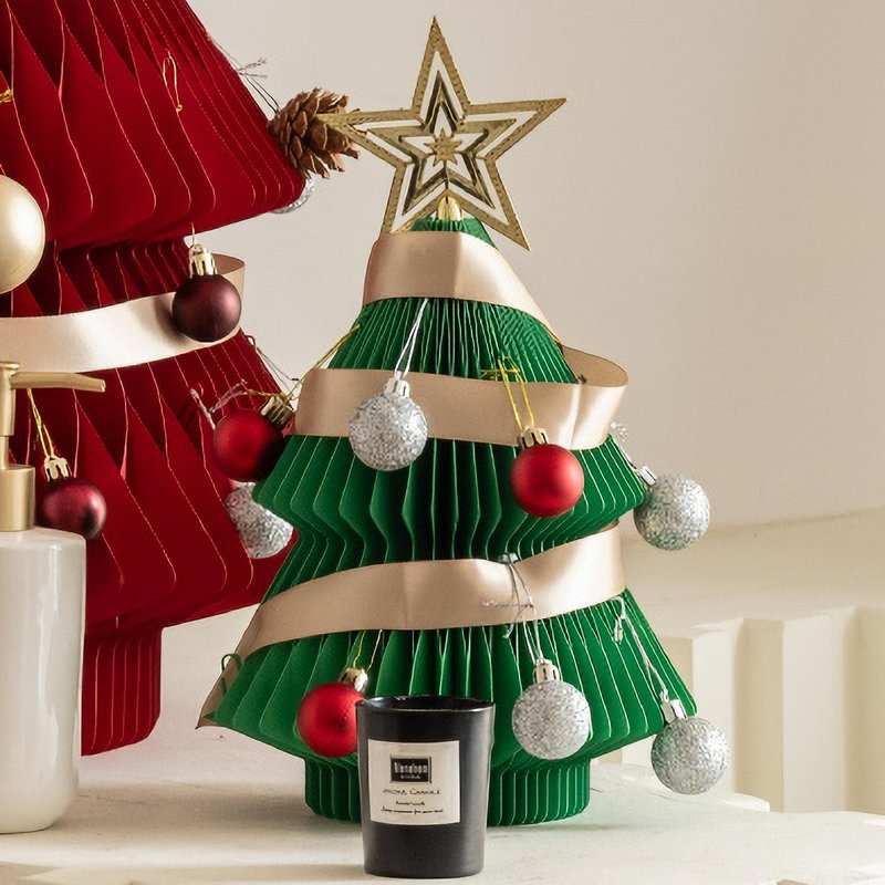 Twin Christmas tree ribbon small green - ของวางตกแต่ง - กระดาษ สีเขียว