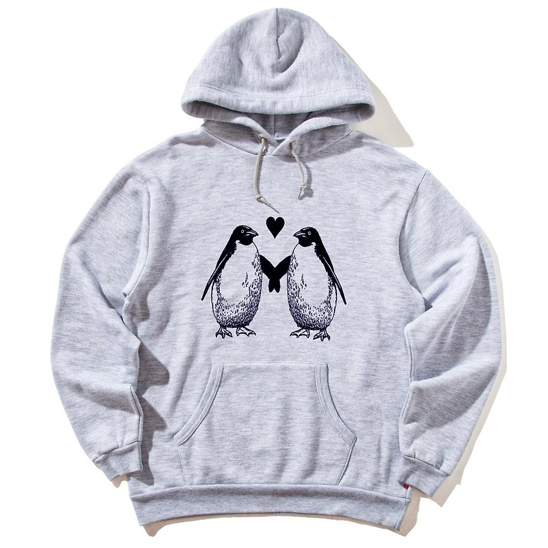 Penguin Love gray hoodie sweatshirt - เสื้อยืดผู้ชาย - ผ้าฝ้าย/ผ้าลินิน สีเทา