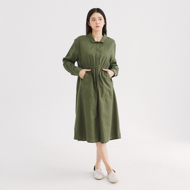 【Simply Yours】Shrunk Linen and linen long dress green F - One Piece Dresses - Cotton & Hemp Green