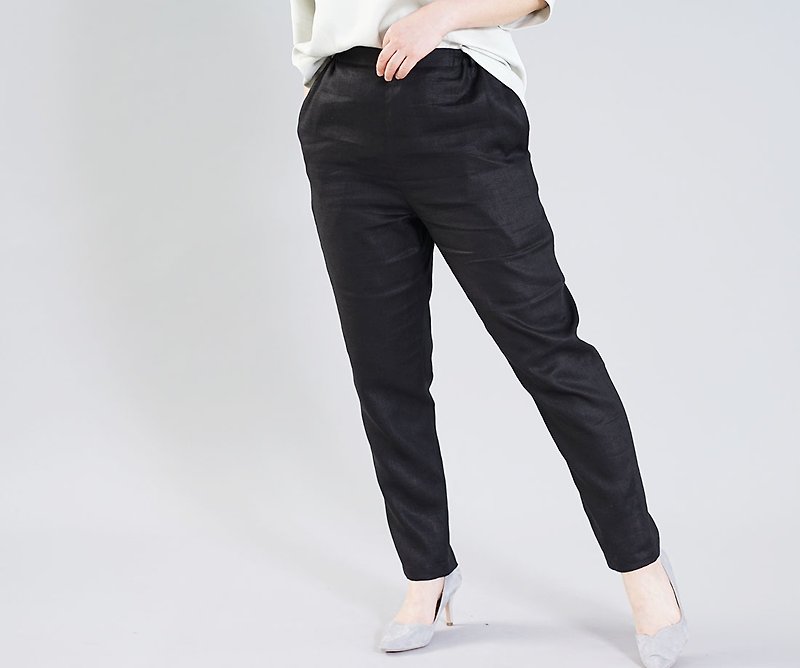 wafu  Linen pants / long length / elastic waist / pocket / black  b010b-bck2 - กางเกงขายาว - ผ้าฝ้าย/ผ้าลินิน สีดำ