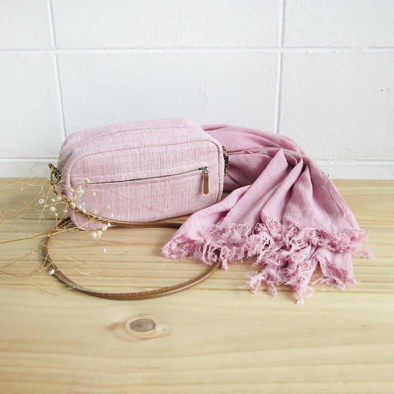 Goody Bag / Cross-body Little Tan Width Bags  with Thai Saloo Cotton Scarf in Pink Color - กระเป๋าแมสเซนเจอร์ - ผ้าฝ้าย/ผ้าลินิน สึชมพู
