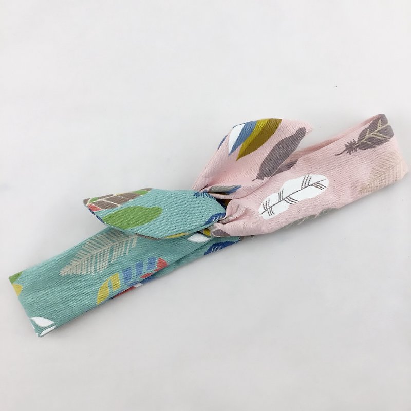In-line double-headed hair band--comfortable and fresh--Aqua + pink feather cloth section - Hair Accessories - Cotton & Hemp 