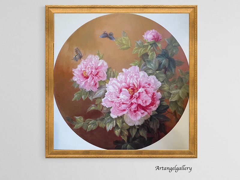 Angel Gallery Home Decoration Painting/Hand-painted/Flowers are in full bloom, Butterflies come by themselves/ Graceful peony flowers - โปสเตอร์ - ผ้าฝ้าย/ผ้าลินิน สึชมพู