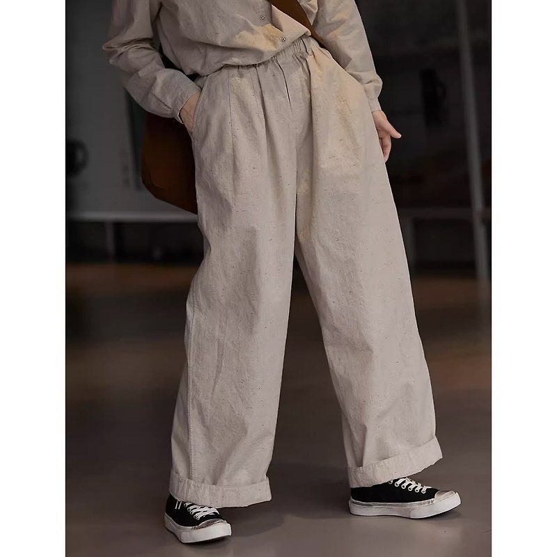 Linen linen cotton point yarn elastic waist drawstring straight pants - กางเกงขายาว - ผ้าฝ้าย/ผ้าลินิน 