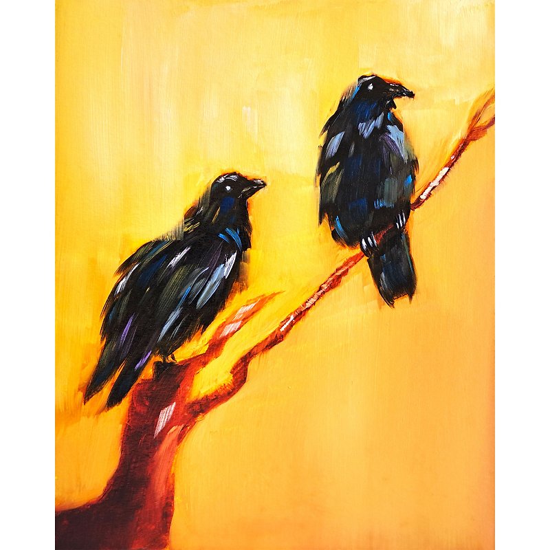 Crow Painting Birds Original Art Raven Oil Painting Crow Couple Wall Art