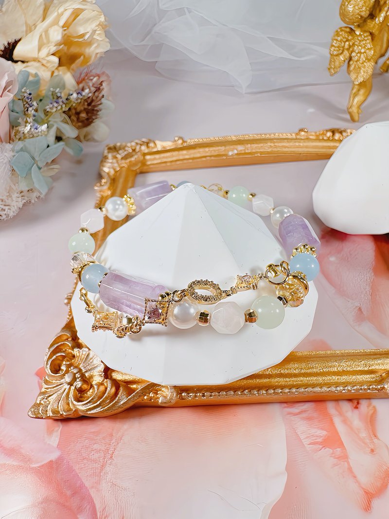 Lavender amethyst white mother-of-pearl pink quartz aquamarine Stone Austrian crystal 18k gold - สร้อยข้อมือ - คริสตัล สีม่วง