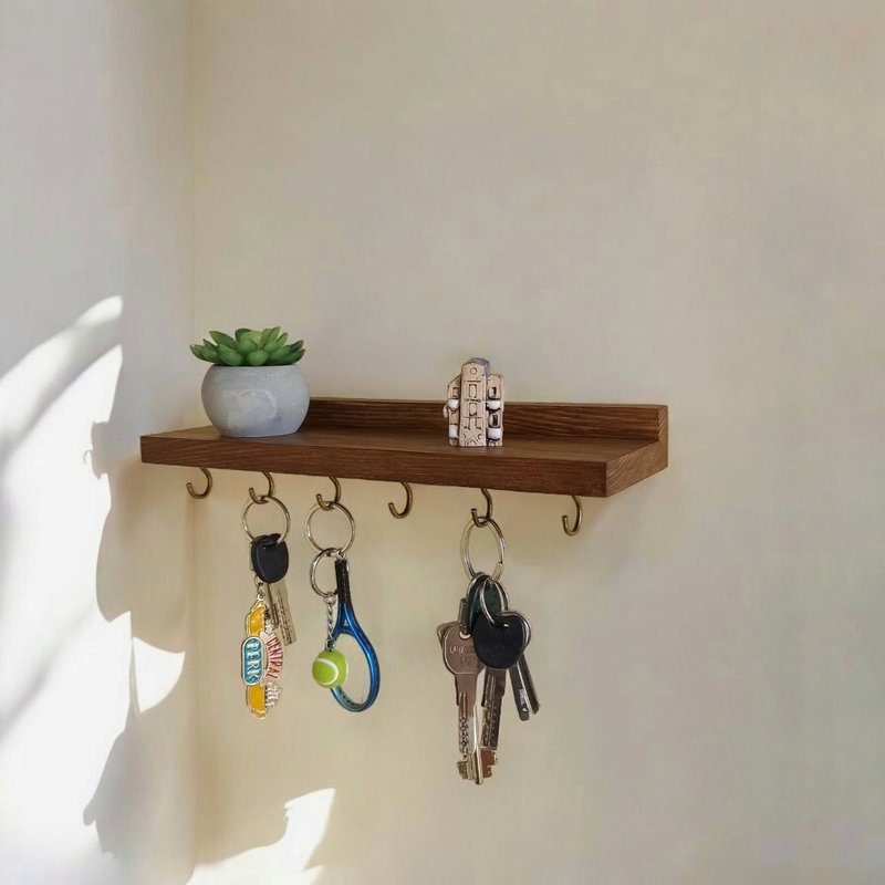 Handcrafted Wooden Floating Shelf with Hooks 30 cm 6 hooks - 層架/置物架/置物籃 - 木頭 