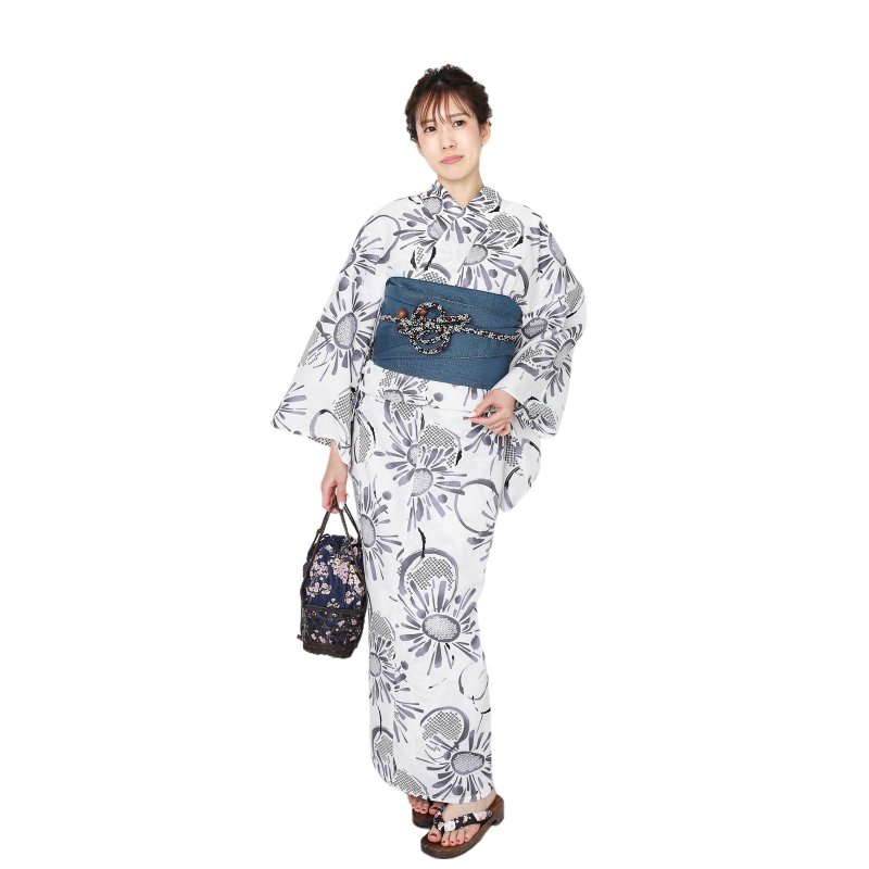 Women's Japanese dyed kimono with obi, 2-piece set, size F x01-04b yukata - อื่นๆ - ผ้าฝ้าย/ผ้าลินิน ขาว