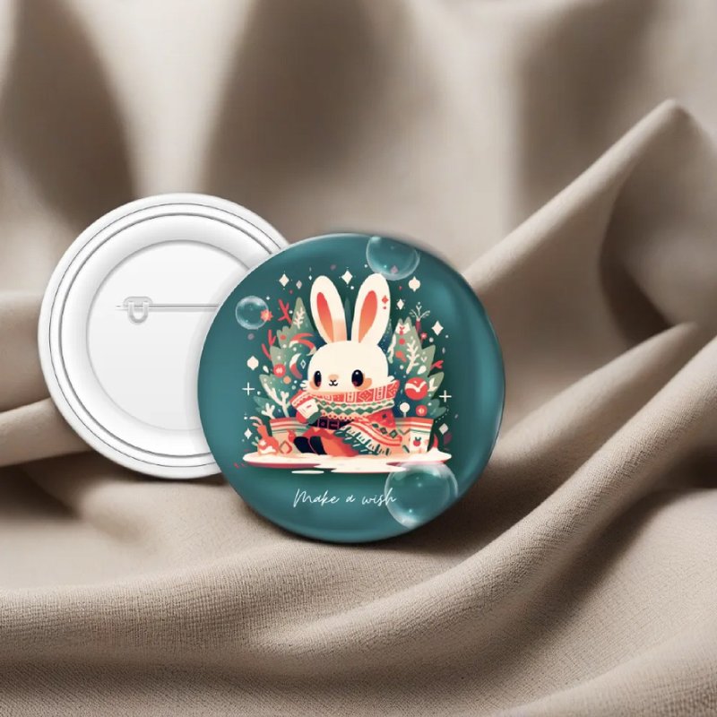 2023 Christmas Round Badge I Snow Rabbit - เข็มกลัด - โลหะ สีเขียว