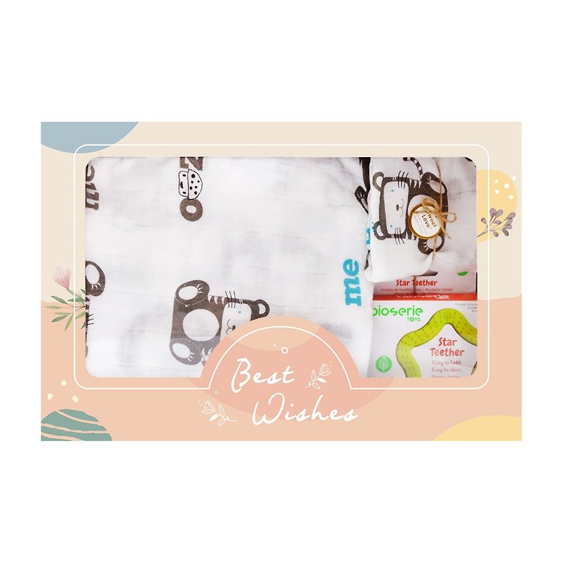 棉．麻 彌月禮盒 白色 - 寶貝隨身安撫組 mezoome純棉紗布包巾+bioserie海星點點固齒器